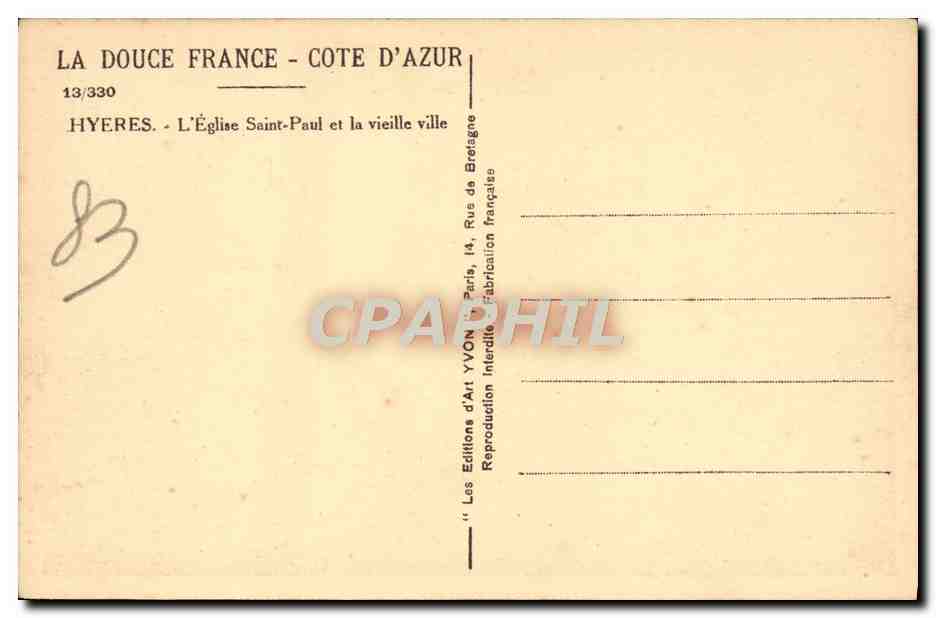 CPA Hyeres L'Eglise Saint Paul et la vieille ville — Rückseite