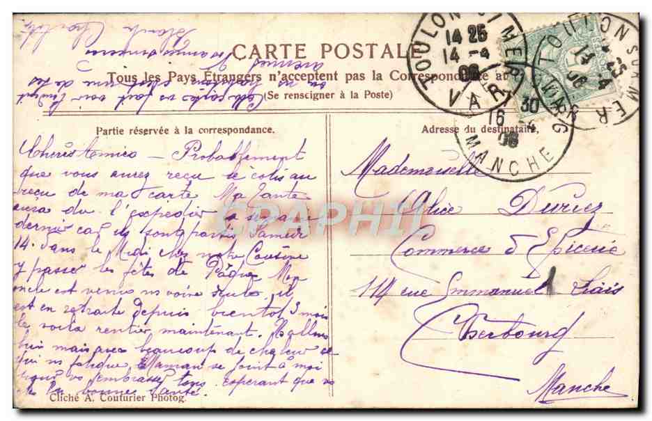 Toulon - Le Mourillon - La Mitre — CPA n°61, éditée par Cliché A. Couturier — Rückseite