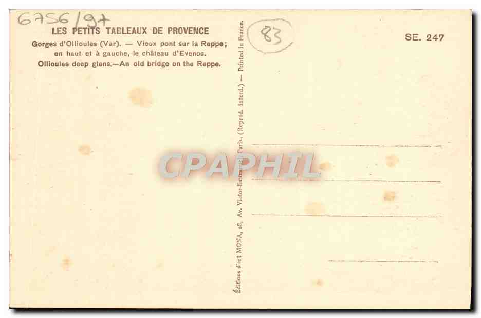 CPA Ollioules Les Gorges Vieux pont sur la Reppe Chateau d'Evenos  — Rückseite