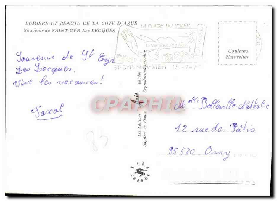 CPM Souvenir de Saint Cyr Les Lecques — Rückseite
