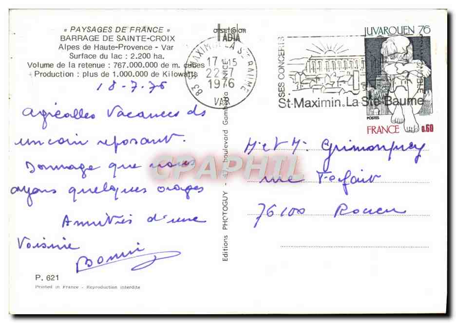 Barrage de Ste-Croix — Retenue de Fontaine l'Évêque — Éditions Postales — Achterkant