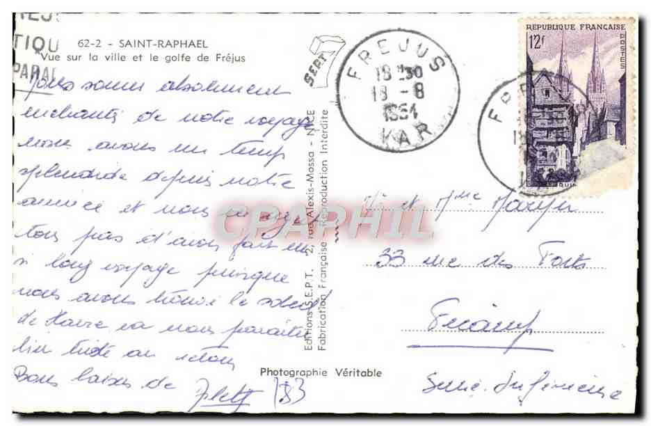 Vue sur la ville et le golfe de Fréjus — Saint-Raphaël — Éditions E.P.T. — n° 62-2 — Rückseite