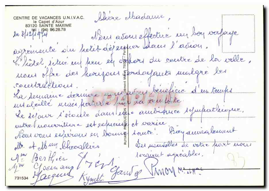 Vue aérienne du Capet d'Azur — Centre de Vacances U.N.I.V.A.C. — éditeur RUYA PRODUCTION — Verso