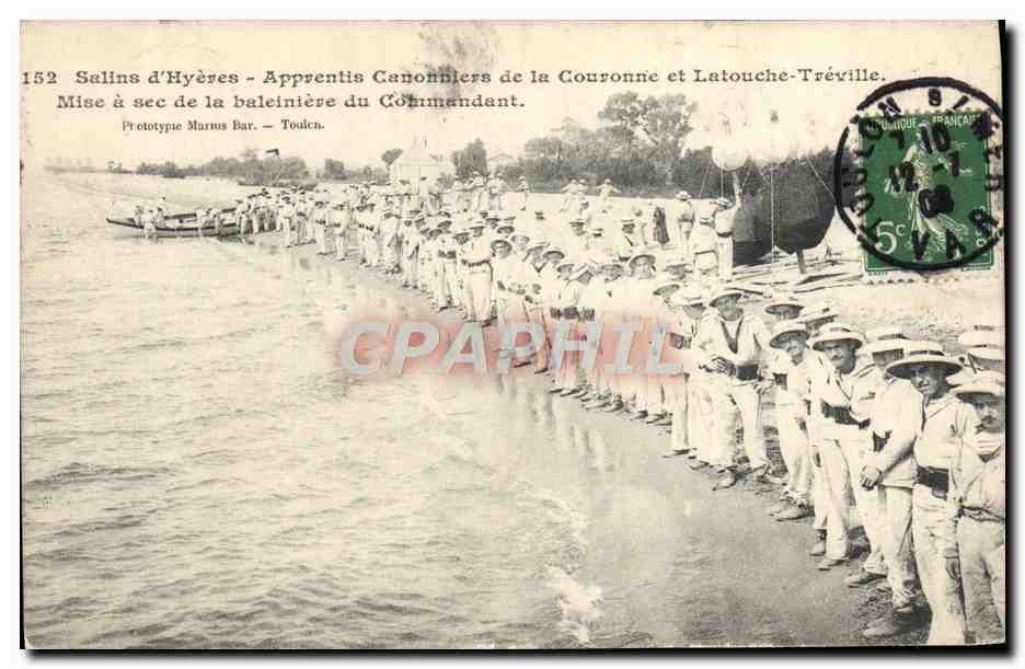 Salins d'Hyères - Apprentis Canonniers de la Couronne et Latouche-Tréville — Mise à sec de la baleinière du Commandant. Prototypé Marius Bar. — Toulon.