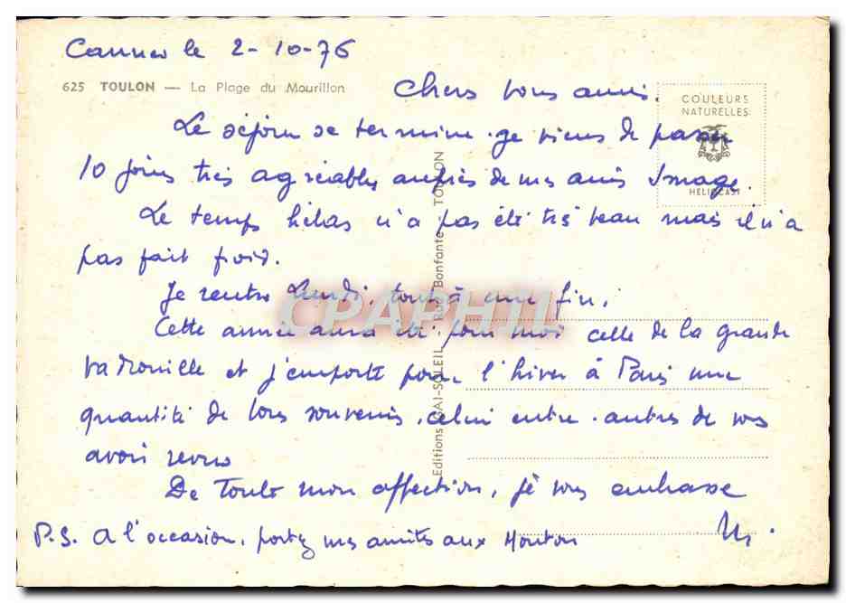 Cannes — La Plage du Maurillon — Éditions Bonfontaine, n°625 — Verso