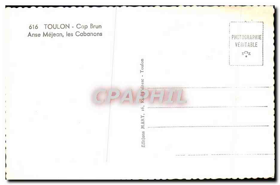 CPM Toulon Cap Brun Anse Mejean les Cabanons  — Verso