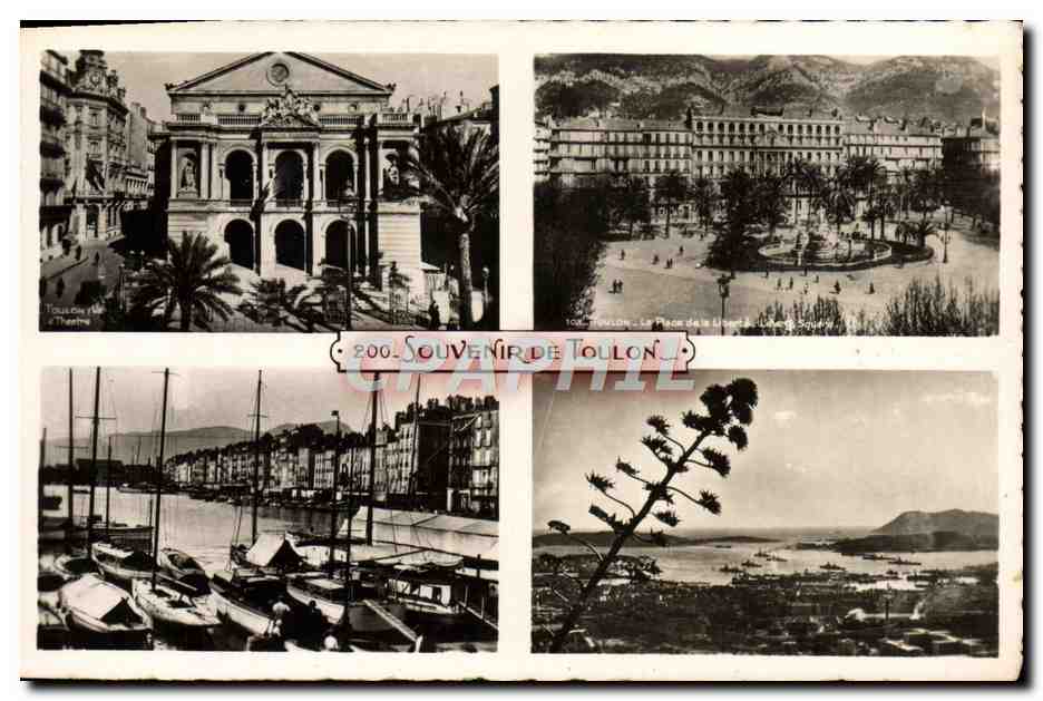 Toulon — Théâtre, Place de la Liberté, Port, Vue panoramique — Souvenir de Toulon, n°200, Édition Bouvet-Sourdeynoud