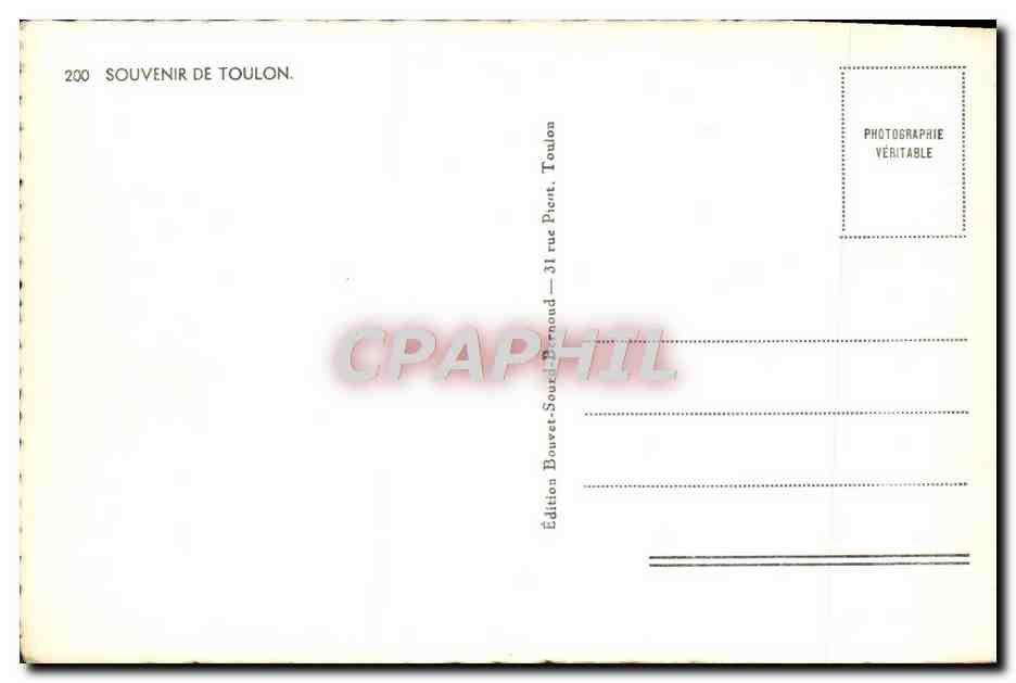 Toulon — Théâtre, Place de la Liberté, Port, Vue panoramique — Souvenir de Toulon, n°200, Édition Bouvet-Sourdeynoud — Verso