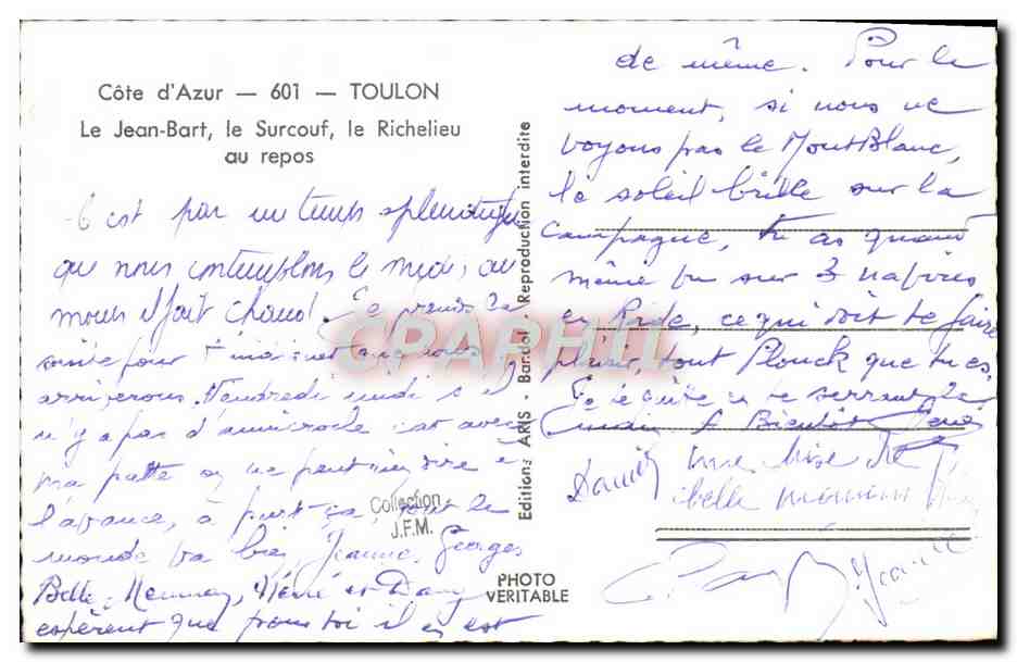 CPM Toulon Le Jean Bart Le Surcouf Le Richelieu au repos Bateaux  — Verso