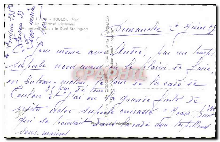 CPM Toulon Le cuirasse Richelieu Le Quai Stalingrad Bateaux — Verso
