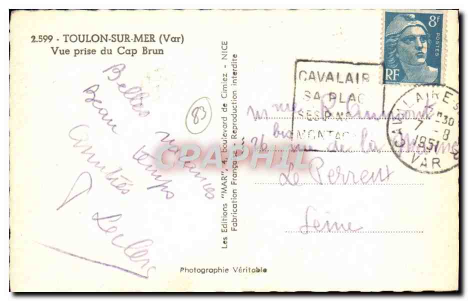 Toulon-sur-Mer (Var) — Vue prise du Cap Brun — Les Éditions "MAR" - NICE — Verso