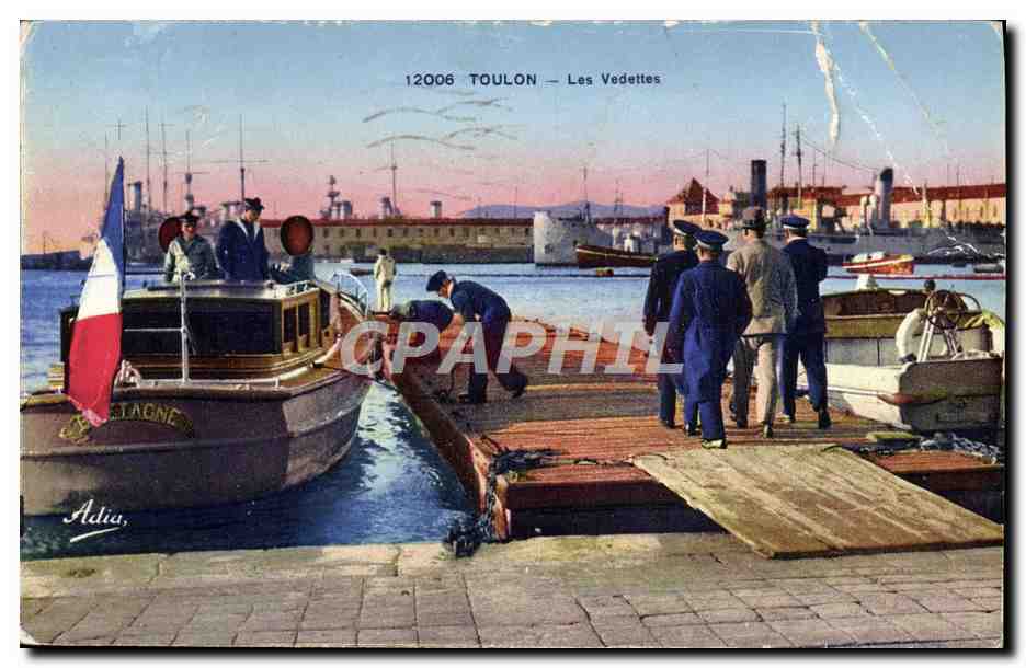 Tarjeta postal antigua Toulon Le Vedettes Bateaux Marins