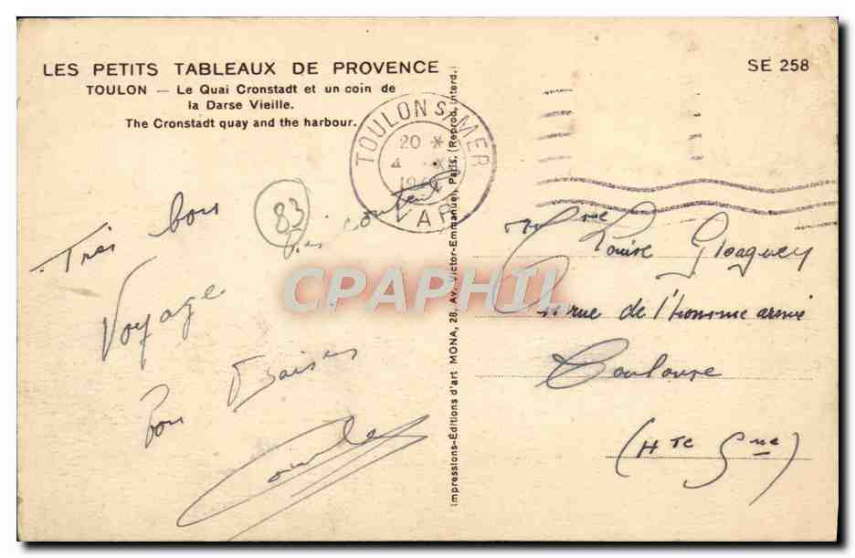 CPA Toulon Le Quai Cronstadt et un coin de la Darse Vieille Bateaux — Verso