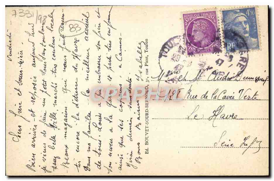 Toulon — Vue générale — Ed. Bolvet-Sourd-Bernard, n° 181 — Verso