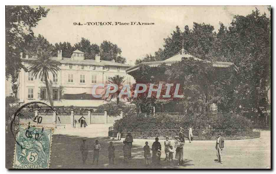Toulon - Place d'Armes — vue de la place avec bâtiment et kiosque, éditeur non identifié, n° 94