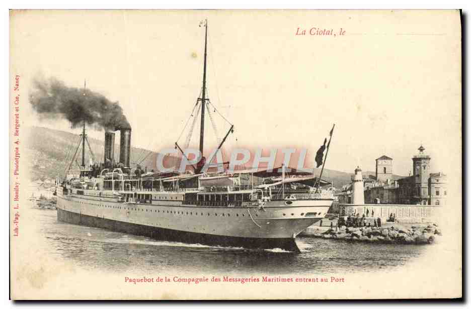 Dampfschiff der Compagnie des Messageries Maritimes, das in den Hafen einläuft — La Ciotal, das — Libe-Tipp, L. Baudry - Phototypie A. Burgard et Cie, Nancy
