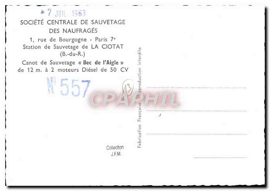 Rettungsboot « Bec de l'Aigle » — Station La Ciotat — Société Centrale des Naufragés — Rückseite