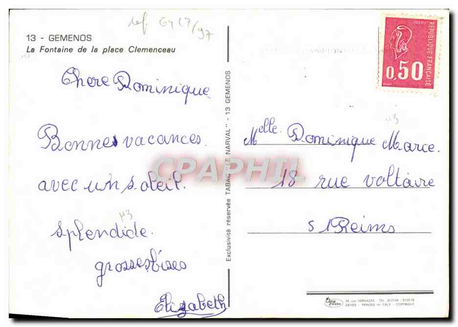 Gemenos — La Fontaine de la place Clemenceau — Éditeur Tabac Narval — Achterkant