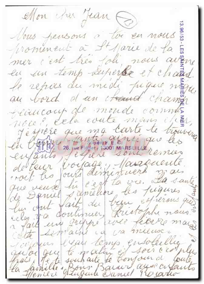 Les Saintes Maries de la Mer — vue aérienne, statue, flamants roses et cavaliers — éditeur Société E.C. n° 13.96/53 — Verso