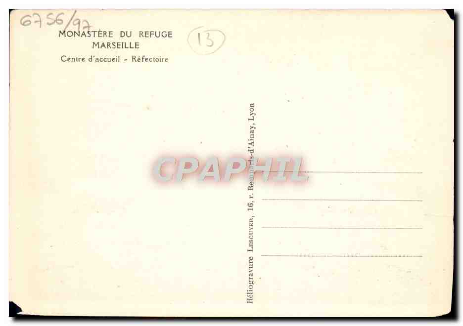 CPA Marseille Centre D'Accueil Refectoire Monastere du refuge — Verso