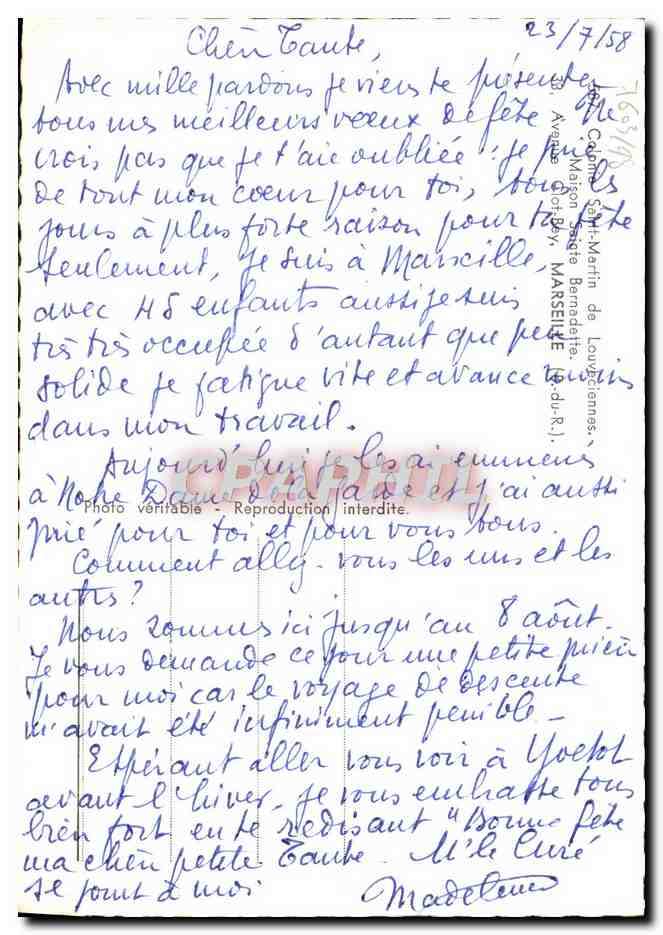 CPM Marseille Maison Sainte Bernadette colonie Saint Martin de Louveciennes  — Verso