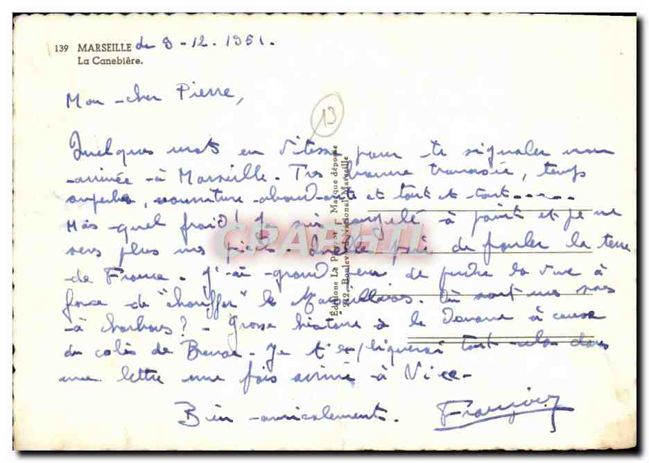CPM Marseille La Canebiere — Verso