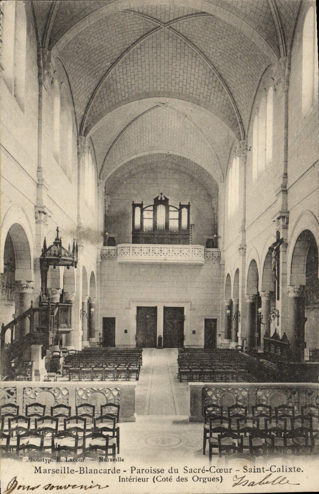 Intérieur de la paroisse du Sacré-Cœur - Saint-Calixte à Marseille-Blancarde — Phototyp. E. Lacour — n° de série non visible