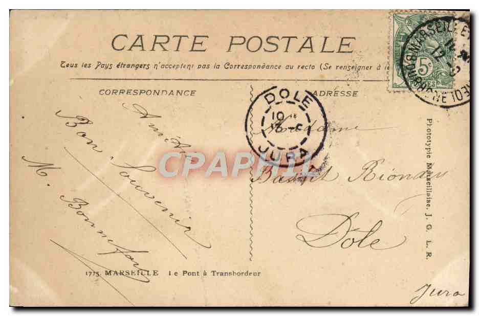CPA Marseille Le Pont a Transbordeur — Verso