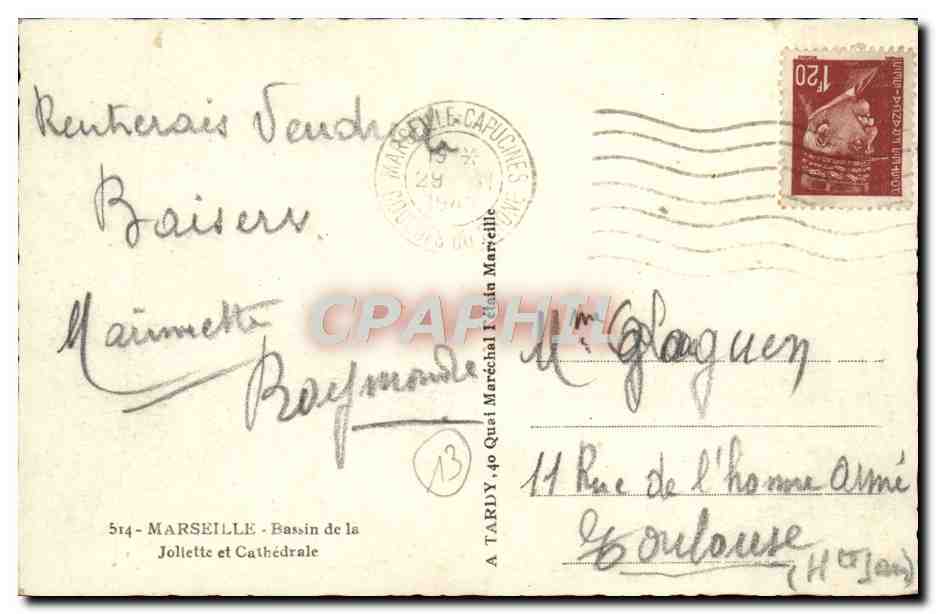 CPA Marseille Bassin de la Jollette et Cathedrale — Rückseite