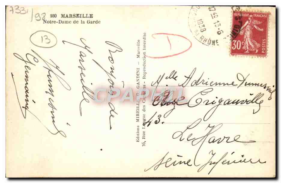 CPA Marseille Notre Dame de la Garde — Verso