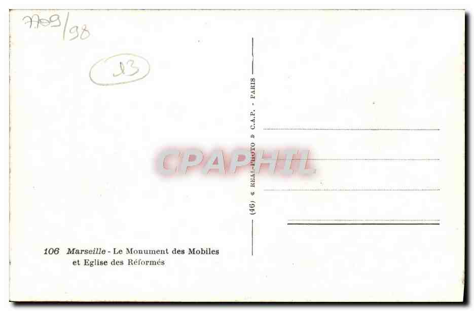 CPA Marseille Le Monument des Mobiles et Eglise des Reformes — Rückseite
