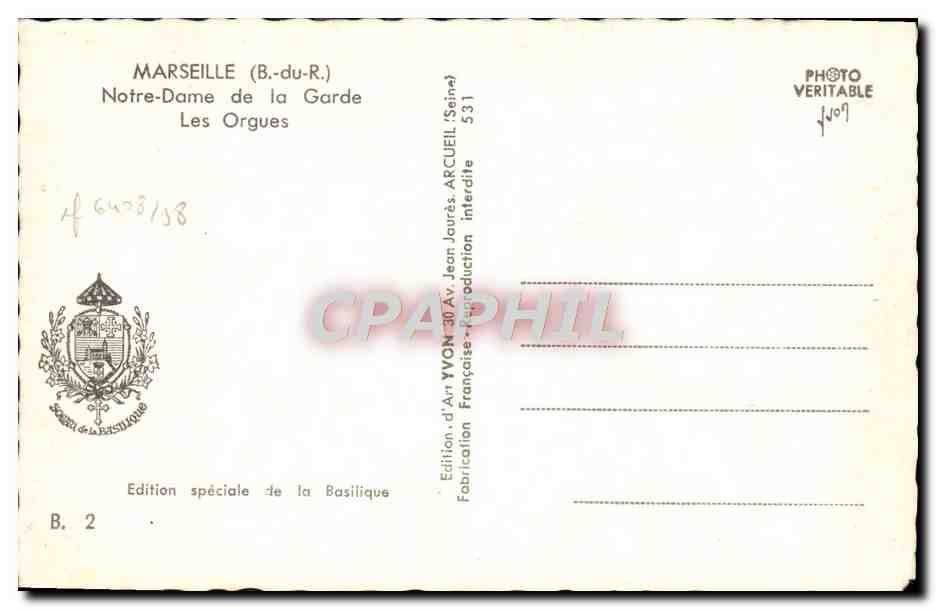 CPA Marseille Notre Dame de la Garde Les Orgues  — Verso