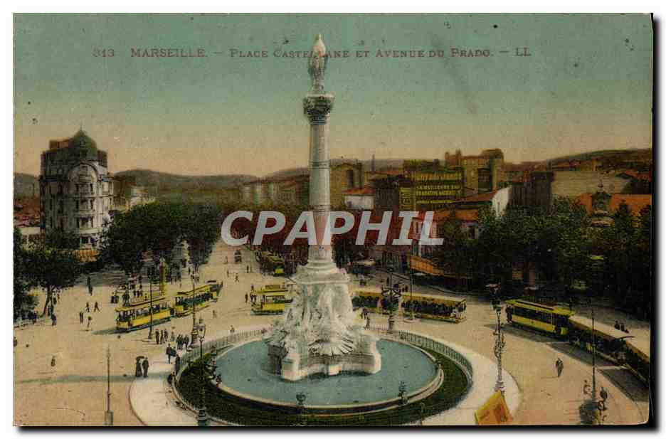 CPA Marseille Place Castellane et Avenue du Prado Tramway