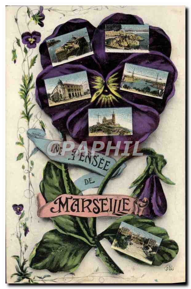 Pensée de Marseille — carte postale décorative avec vue de la ville — éditeur E.B. (verso)