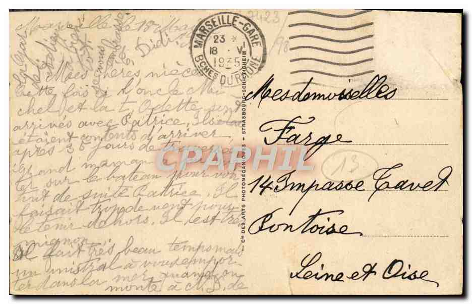 Tarjeta postal antigua Marsella El muelle de los Belgas — Reverso