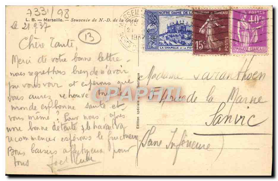 CPA Marseille Souvenir de Nd de la Garde Vignette ND de la Grde — Verso