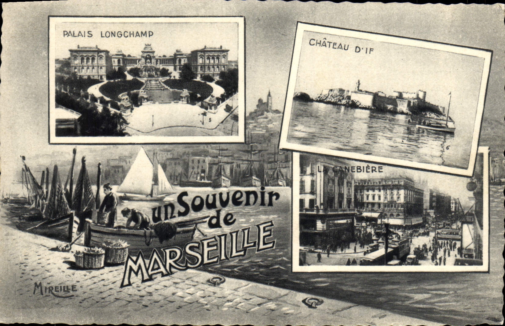 CPA Un Souvenir de Marseille Palais Longchamp Chateau d'If Canebiere 
