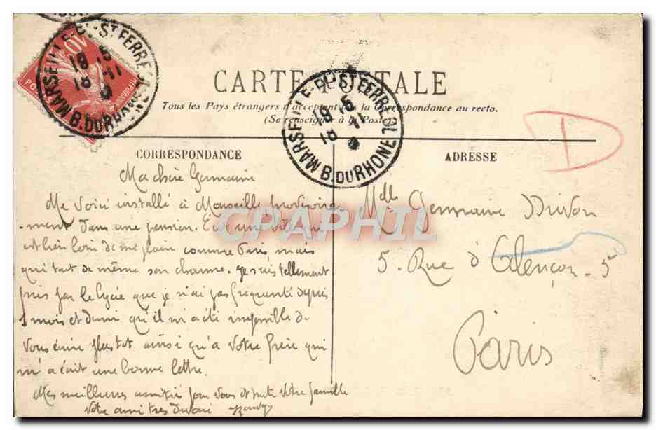 CPA Marseille Cours Belsunce Tramways — Rückseite
