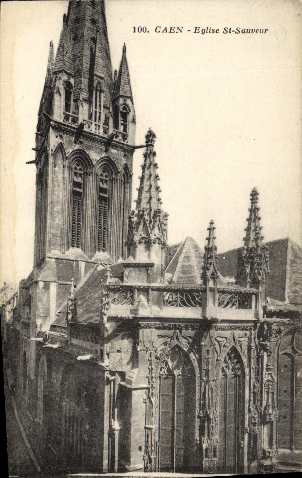 Caen - Église Saint-Sauveur — vue de la tour et du clocher gothique — éditeur M. Dorquet, Caen, n° 100