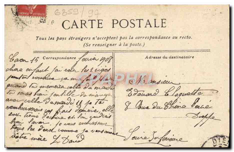 Caen - La Gare — vue de la gare avec tramway — éditeur L.V.R. n°28 — Verso