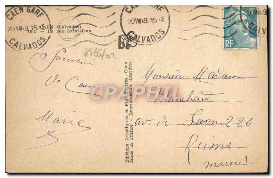 Vue de la rue Saint-Jean à Caen — éditeur Éditions Artisitiques et Publiques — n° 8165/02 — Verso