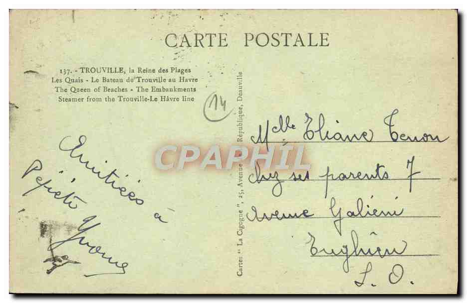 CPA Trouville la reine des plages les quais le bateau de Trouville au Havre — Rückseite