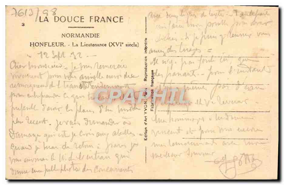 Honfleur — La Lieutenancé (XVIe siècle) — Édition d'Art YVON, n°3 — Reverso