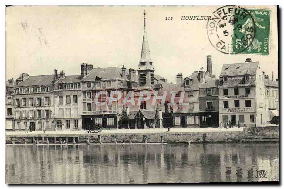 Honfleur — Vue du port avec église et commerces — éditeur JND, n° 112