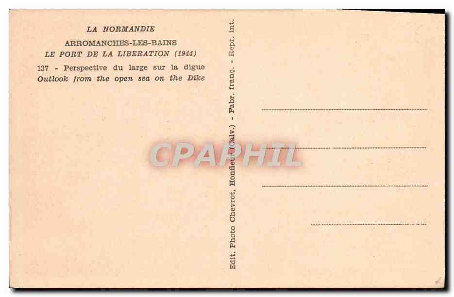 CPA La Normandie arromanches Les bains le port de la liberation 1944 Perspective du large sur la digue Militaria  — Rückseite