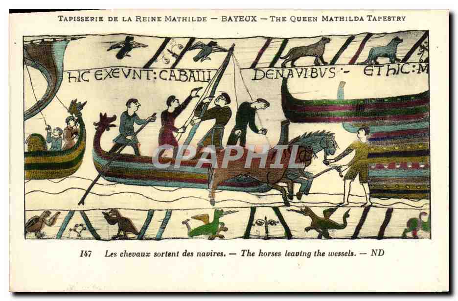 CPA Tapisserie de la reine mathilde Bayeux Les chevaux sortent des navires 