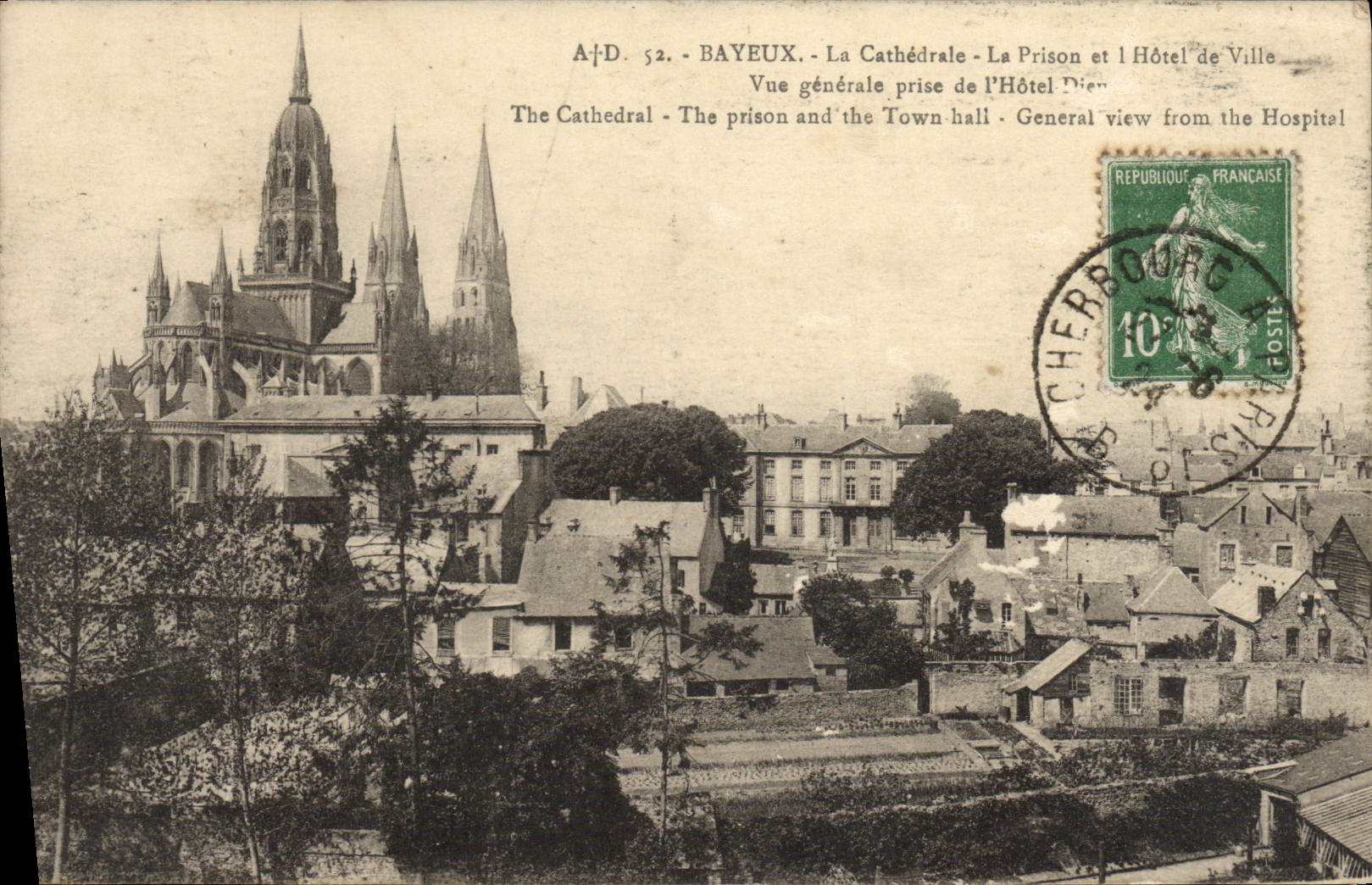CPA Bayeux le cathedrale la prison et l'hotel de ville Vue generale prise de l'hotel Dieu