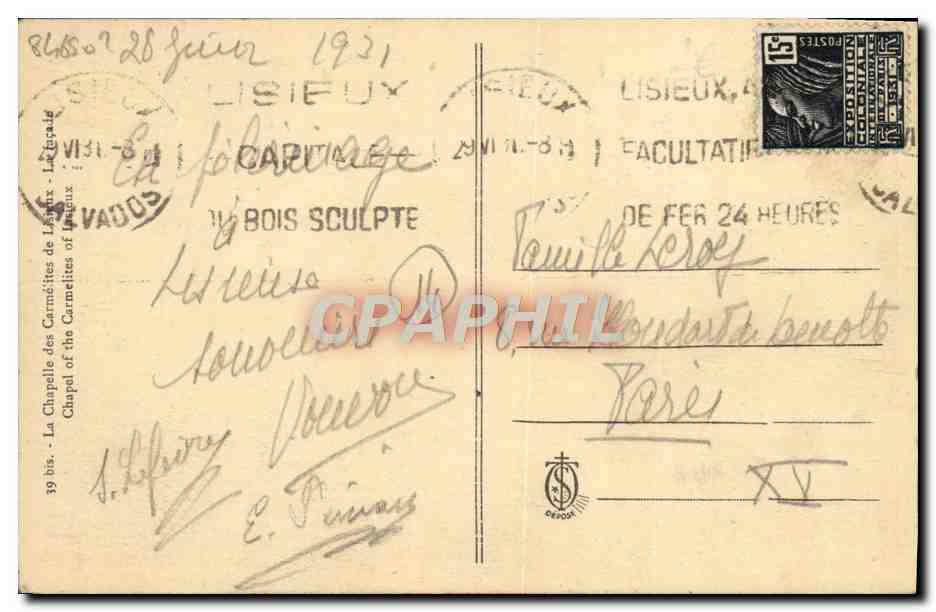 La Chapelle des Carmélites de Lisieux — éditeur anonyme, n° de série 39 bis — Rückseite