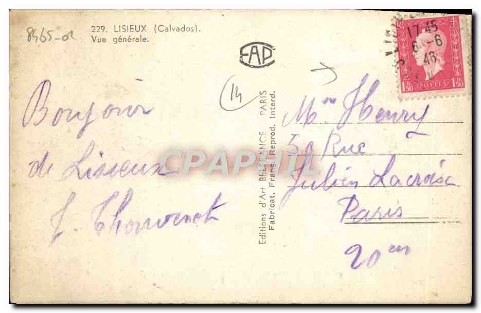 Lisieux (Calvados) — Vue générale — Éditions d'Art BeFrance — Rückseite