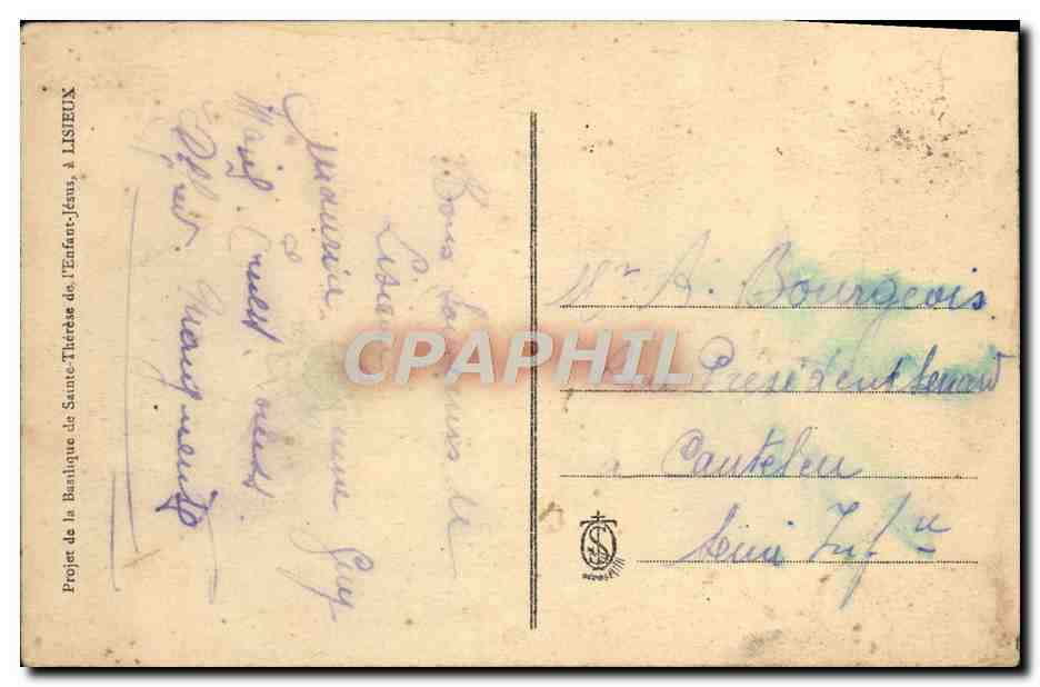 Projet de la Basilique de Sainte-Thérèse de l'Enfant-Jésus à Lisieux — éditeur non identifié, n° de série non visible — Verso